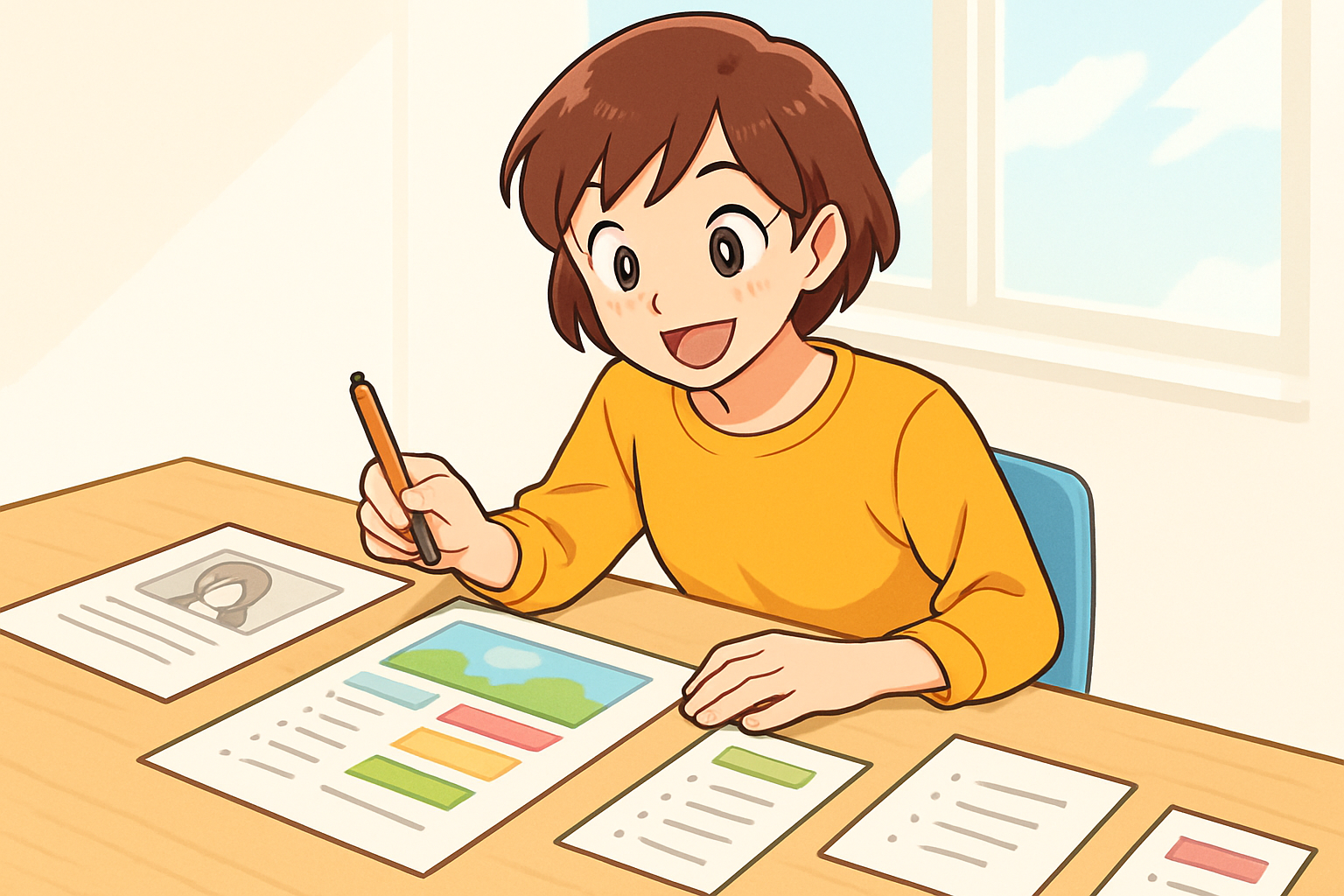 机に制作資料と構成メモを並べ、伝えたい内容の順序を確認する様子