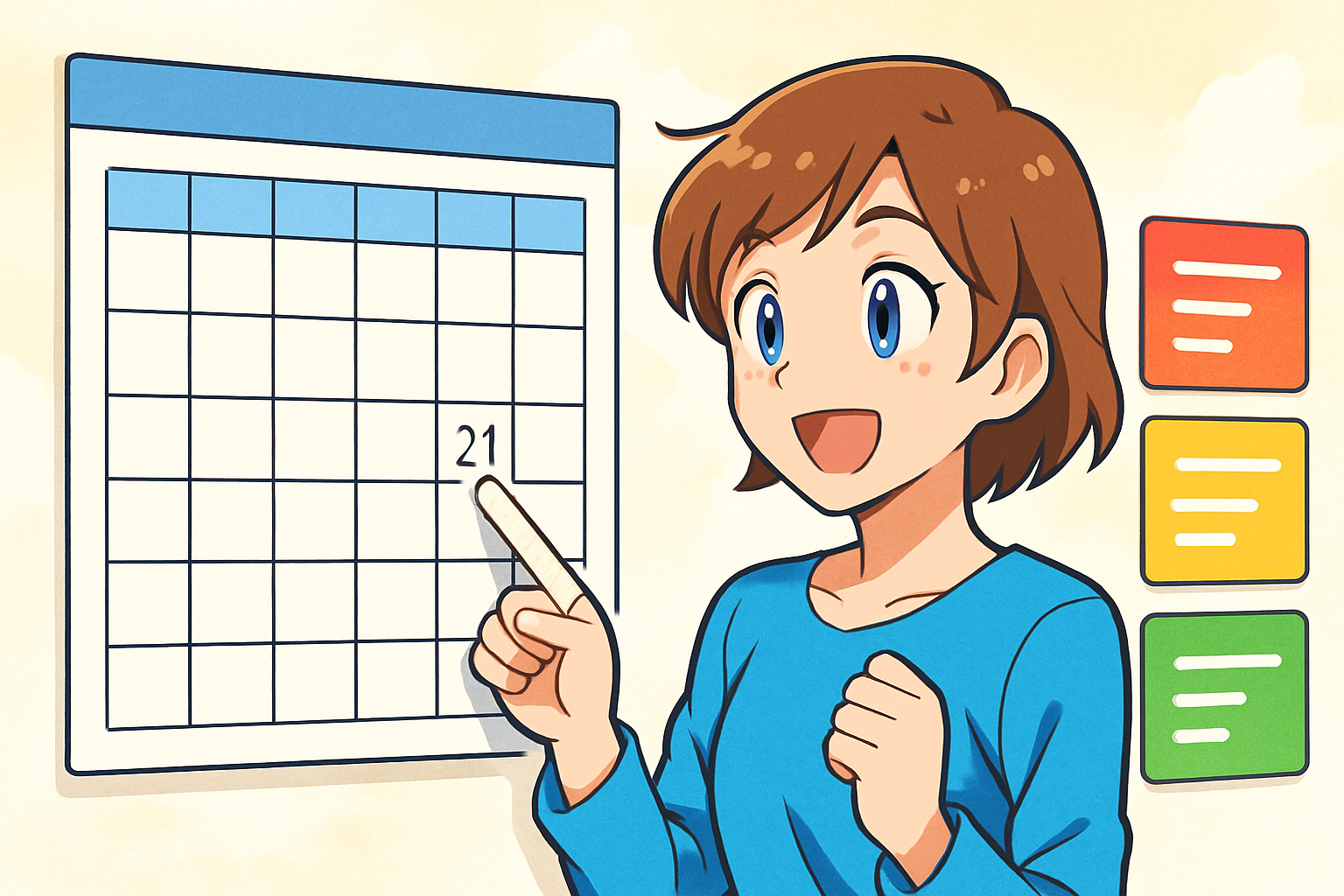 日付入りのカレンダーと優先度を表す三つの色分けタブを並べた計画のイメージ