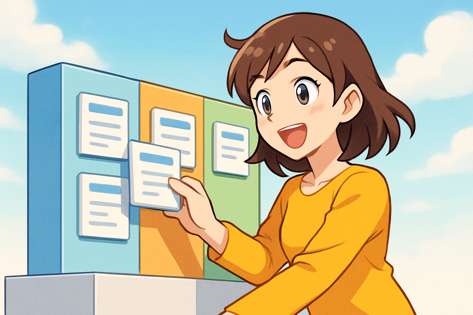 未着手から進行中を経て完了へカードが進む三列のタスク整理を表す立体模型