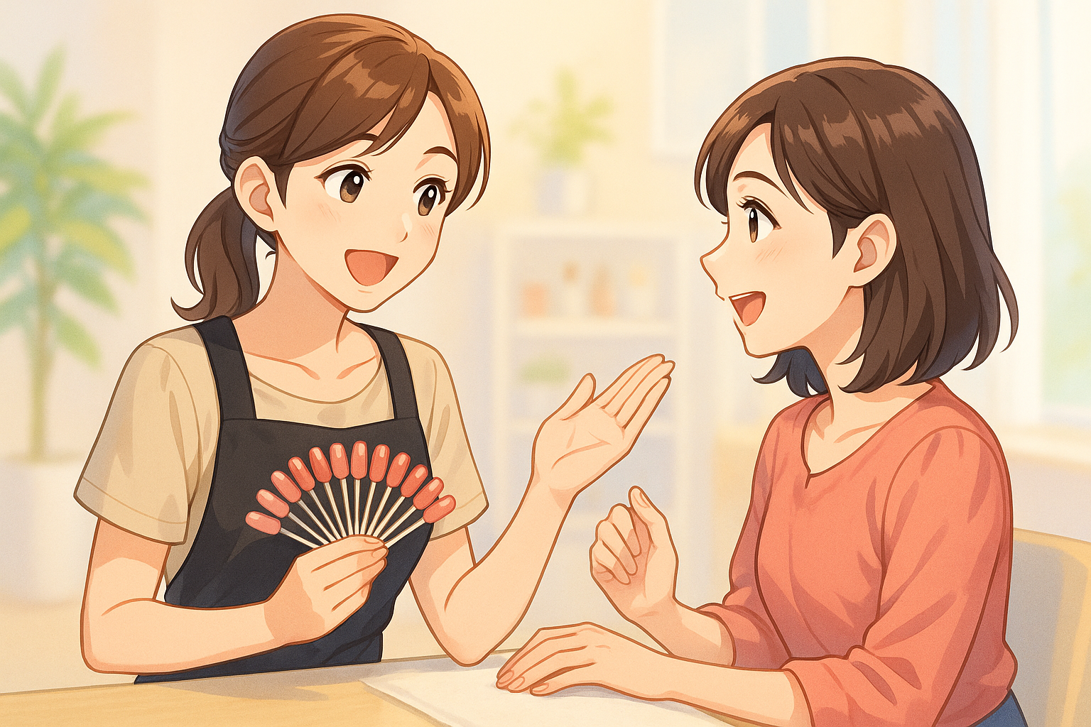 ネイリストがお客様と笑顔でカウンセリングしている様子