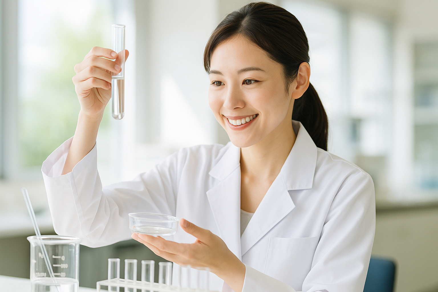 清潔感のある研究室で成分を丁寧に確認する開発スタッフ