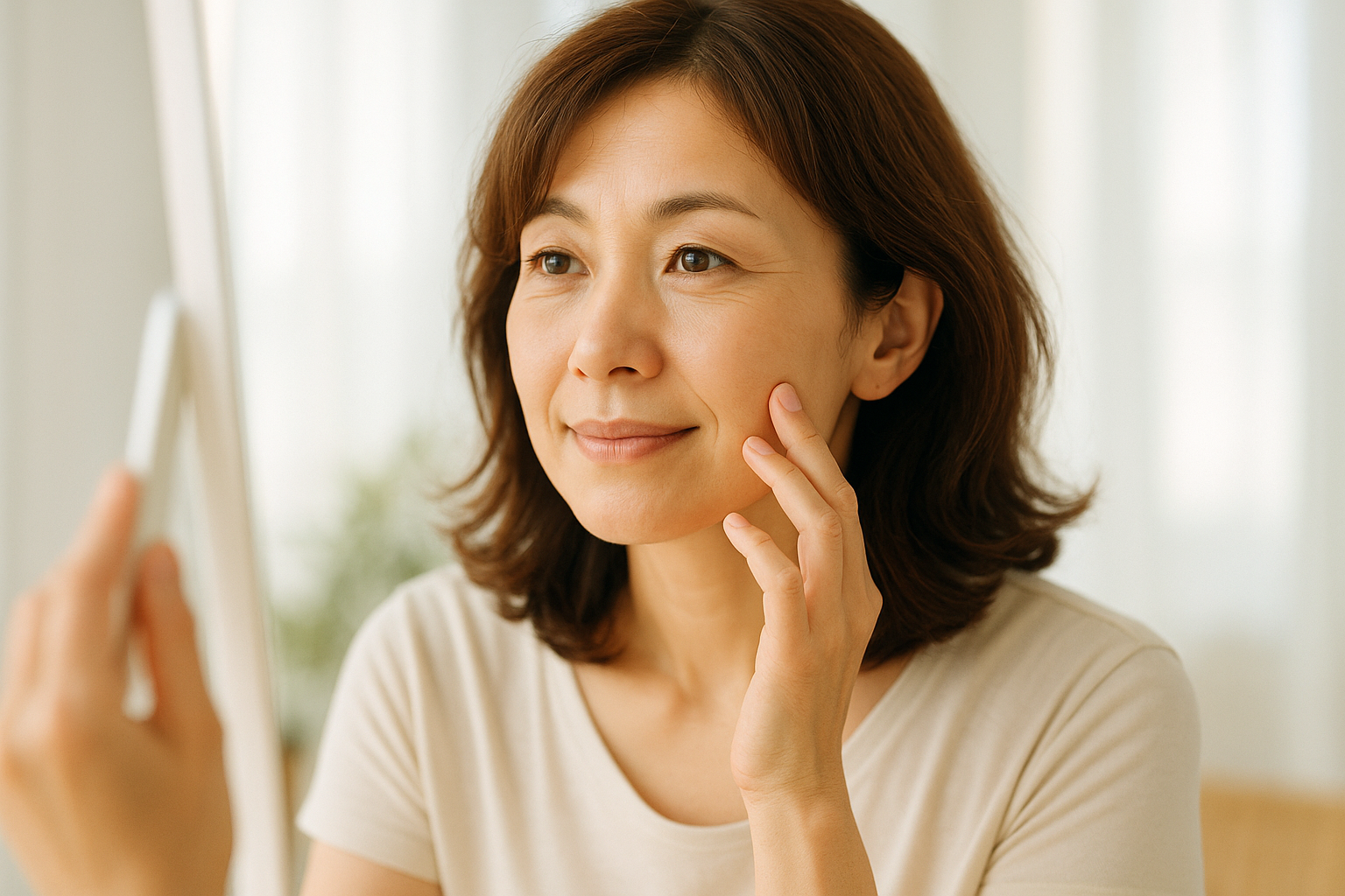 鏡の前で自分の肌を見つめながら考える大人の女性