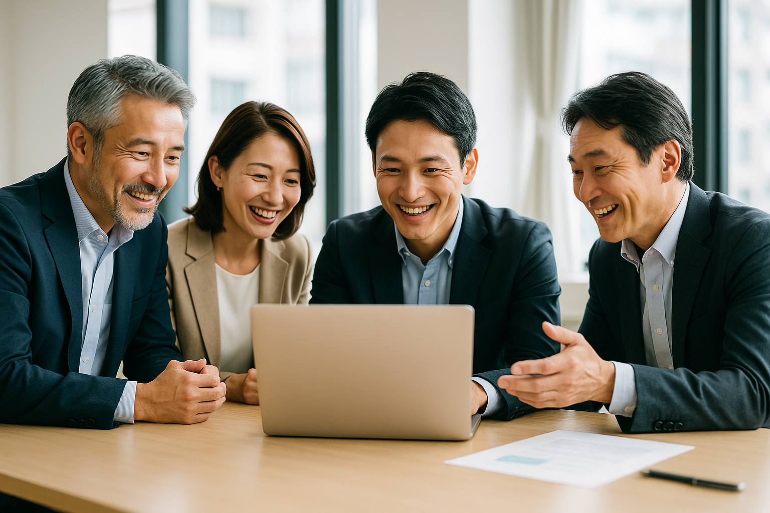 経営者たちが会議室でノートパソコンを見ながらAI活用事例について前向きに議論している様子