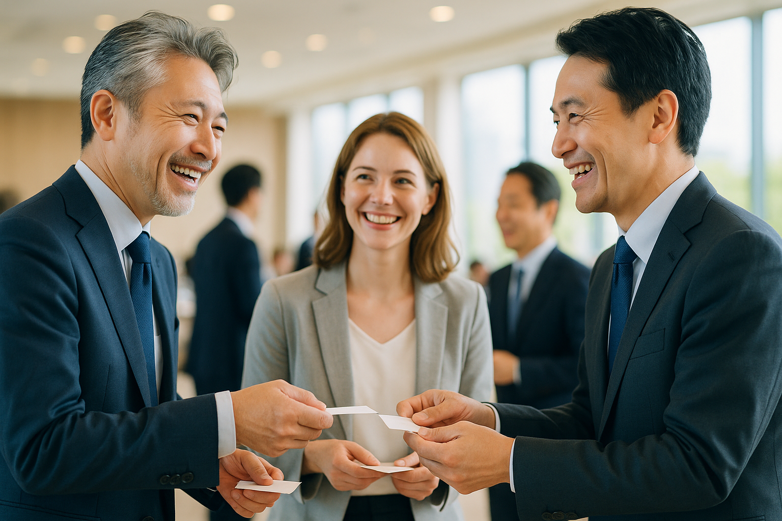 セミナー会場で名刺交換をしながら笑顔で交流する経営者たちの様子