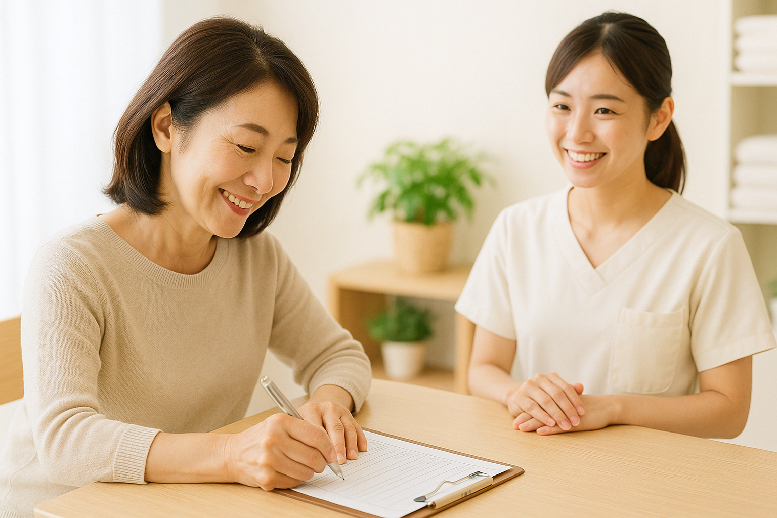 整体院の受付で来院者が問診票を記入する落ち着いた様子