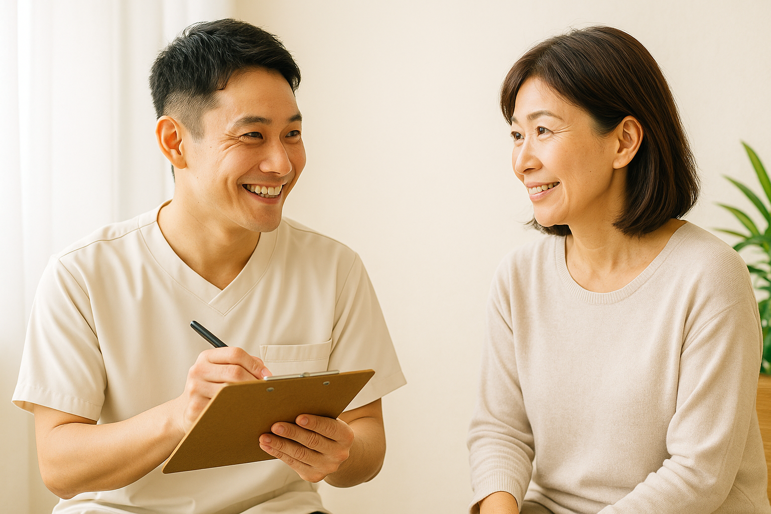 施術者が来院者の話をじっくり聞くカウンセリングの様子のアイコン風イラスト