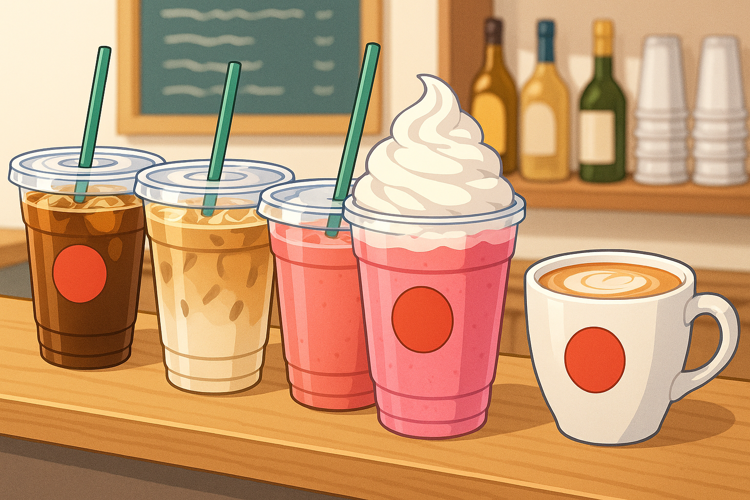半額になったドリンクが並ぶカフェのカウンター