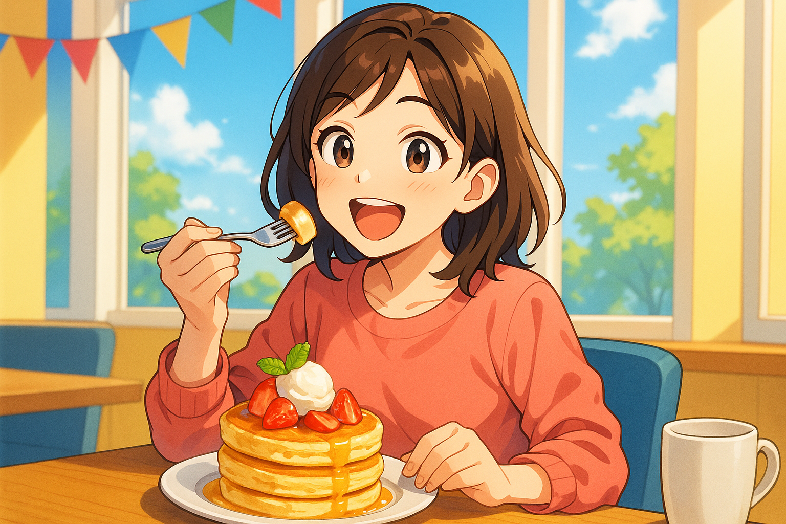 春の新作パンケーキを楽しむお客様