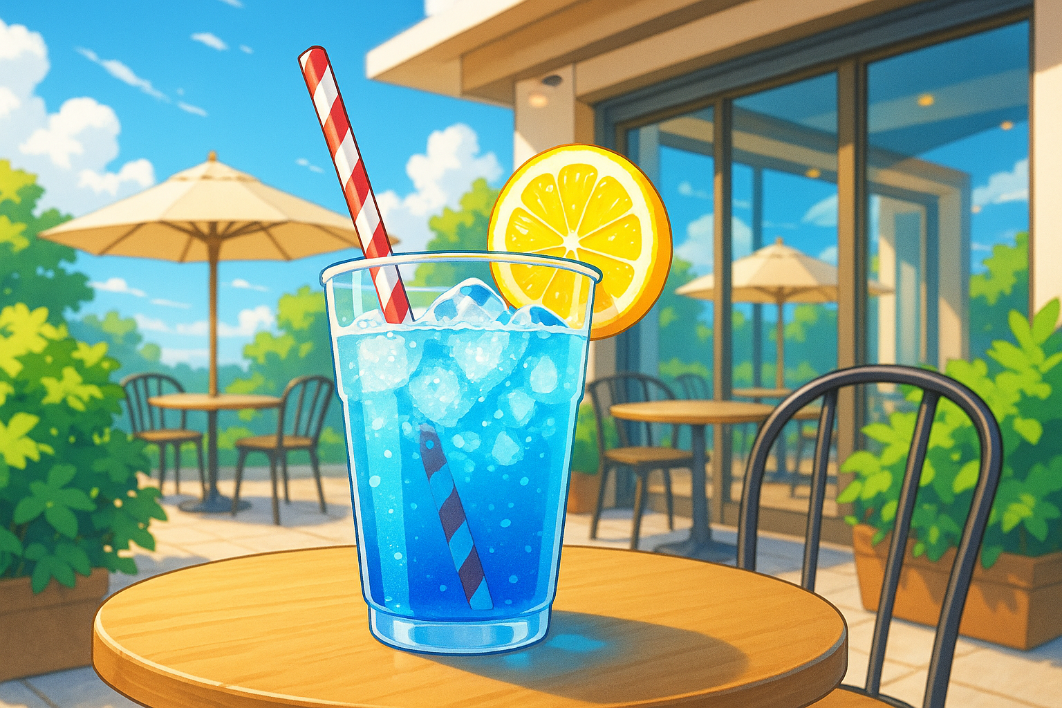 夏の冷たいドリンクとテラス席の様子